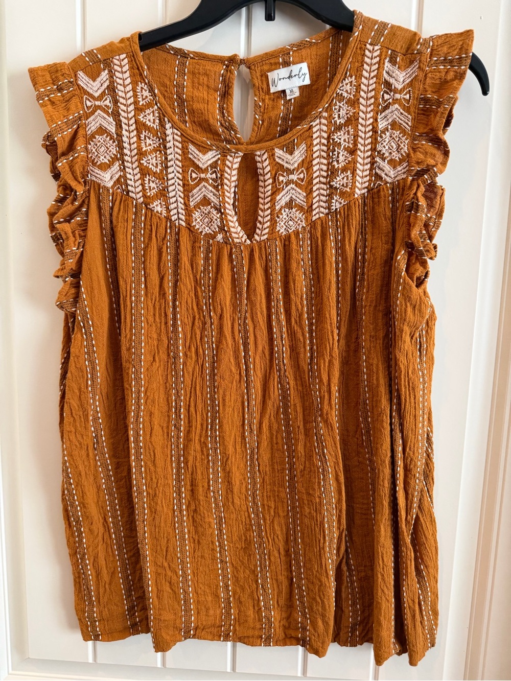 Wonderly Rust Orange Embroidered Ruffle-Sleeve Shirt XL